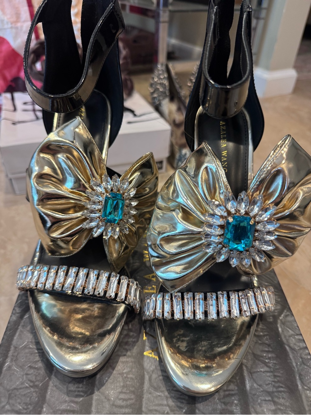 Black and Gold Embellished High Heel Sandals with Teal Gem - Picture 2 of 6